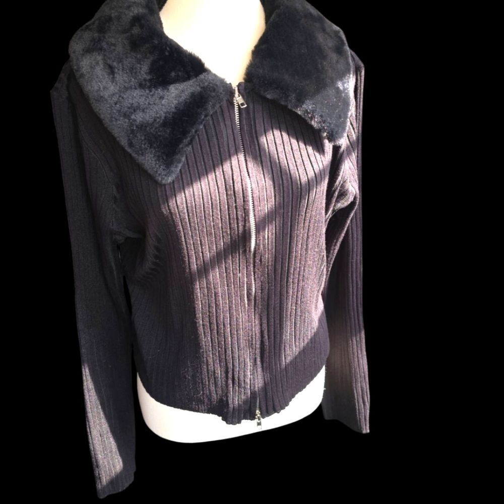 No Boundaries Black Ribbed Knit Sweater with Fur Collar